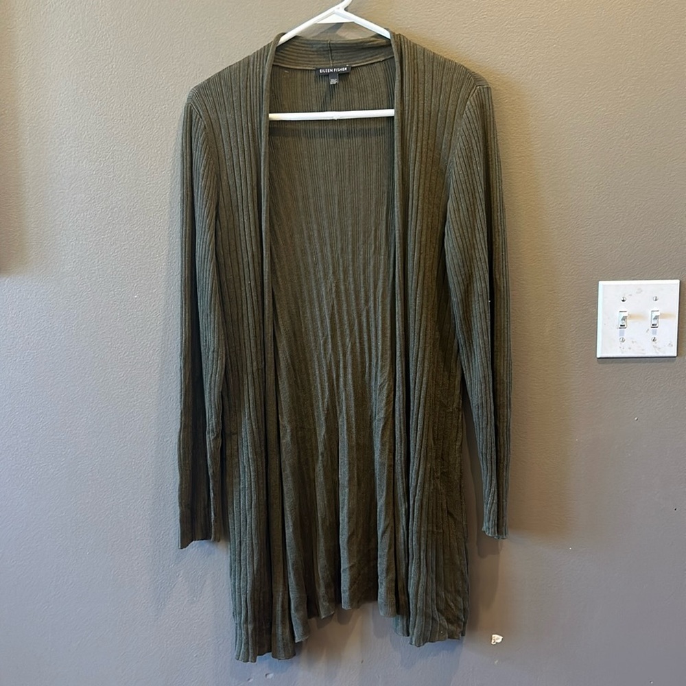 Eileen Fisher Olive Green Open Front Cardigan, Size M